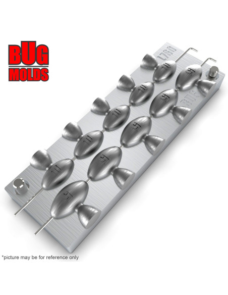 Aluminum CNC Mold InLine Sinker Olive Lead 10-15g 10-cav: 10-10-10-10-10-15-15-15-15-15g ID L760