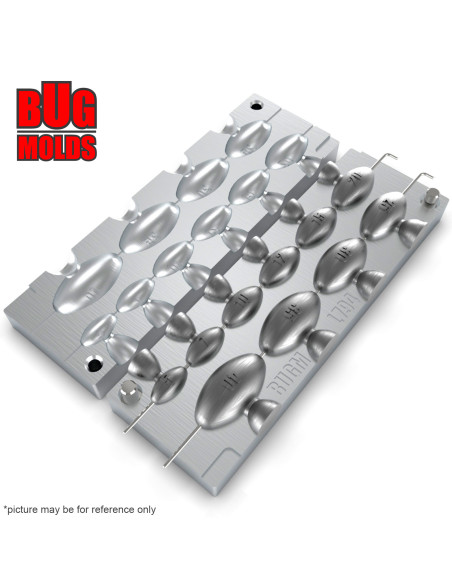 Aluminum CNC Mold InLine Sinker Olive Lead 5-40g 10-cav: 5-7-10-12-15-20-25-30-35-40g ID L794