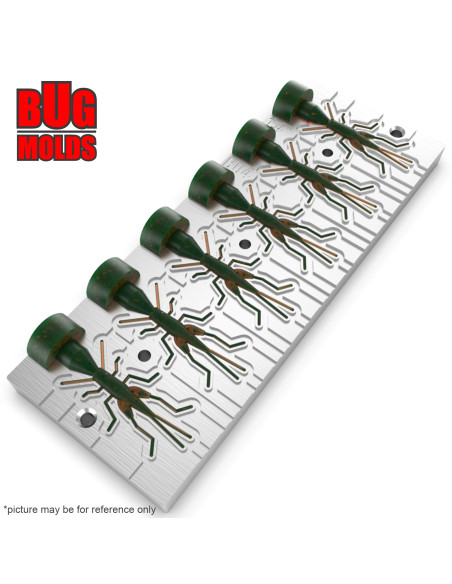 Fishing Soft Bait Multi-cavity Aluminum mold  GrassHopper 1,4 inch 6-cav vol. 0,5 fl oz (14,73 cm^3)  ID B04_6ai from Bugmolds