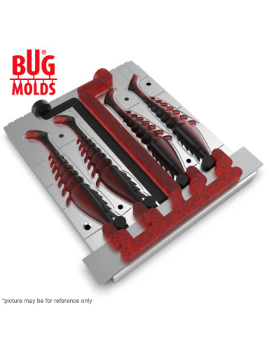 Fishing Soft Bait 2-Port Multi-cavity Aluminum mold PrawnPaddle 4 inch 4-cav ID 2V675_4a from Bugmolds