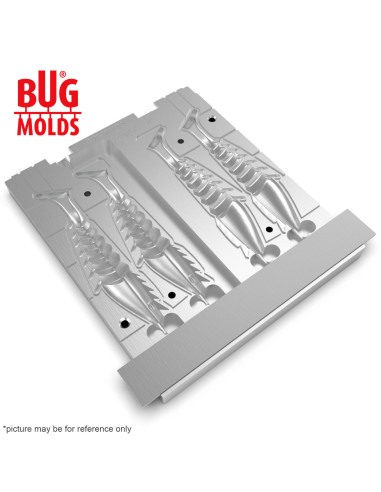 Fishing Soft Bait 2-Port Multi-cavity Aluminum mold PrawnPaddle 4 inch 4-cav ID 2V675_4a from Bugmolds